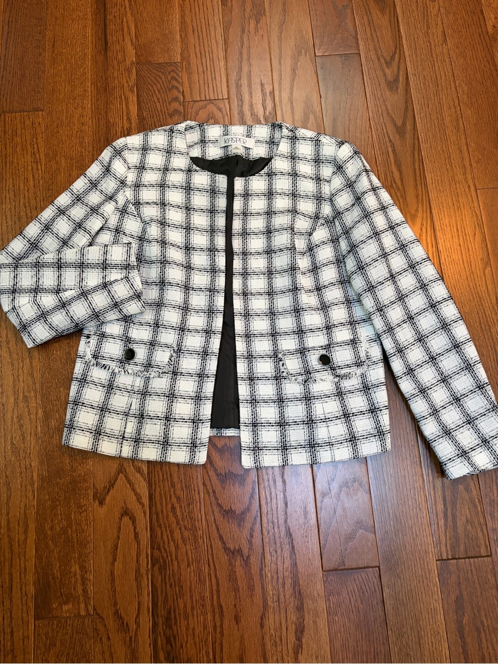 Kasper Black & White Plaid Plaid Collarless Jacket Size 8P